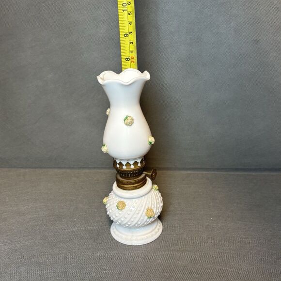 Vintage Miniature Opaline Hobnail Milk Glass Oil Lamp With UV Yellow Roses - Picture 6 of 10